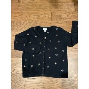 Susan Bristol Casuals Black Cardigan Sweater M Hand Embroidered Floral 1997 VTG